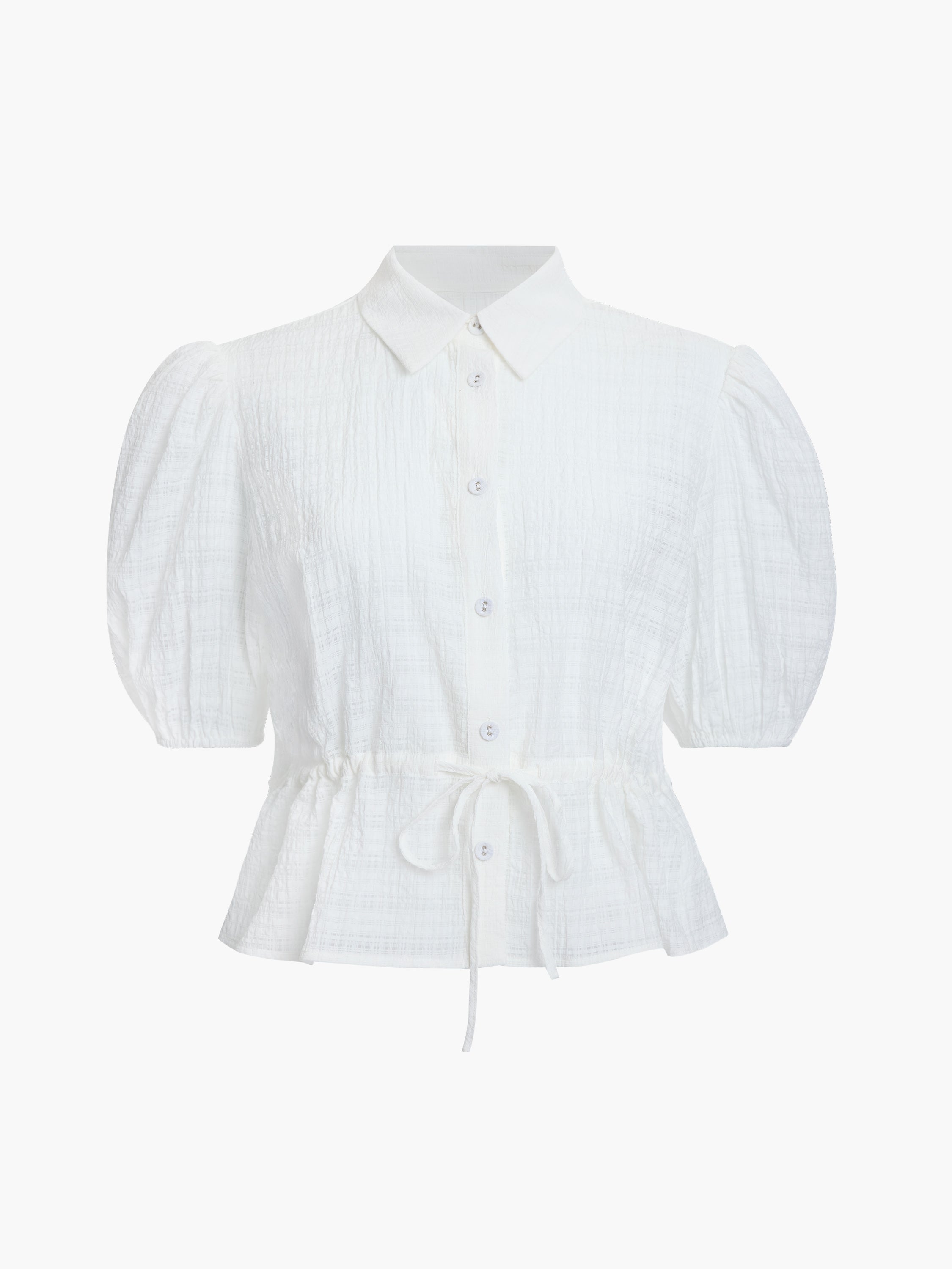 Shanaya Puff Sleeve Seersucker Drawstring White Shirt