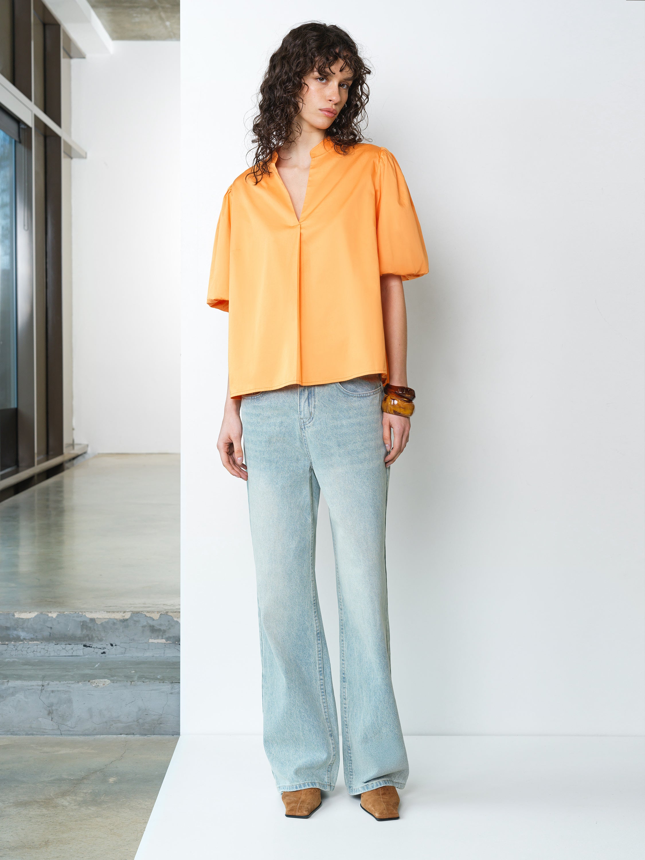 Sindey Cotton Puff Sleeve Orange Popover Shirt
