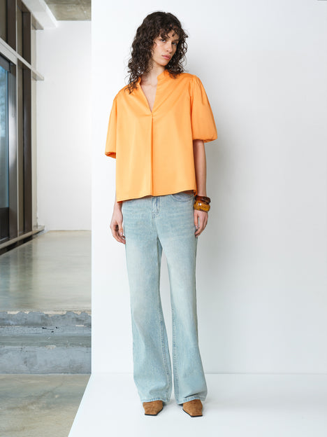 Sindey Cotton Puff Sleeve Orange Popover Shirt