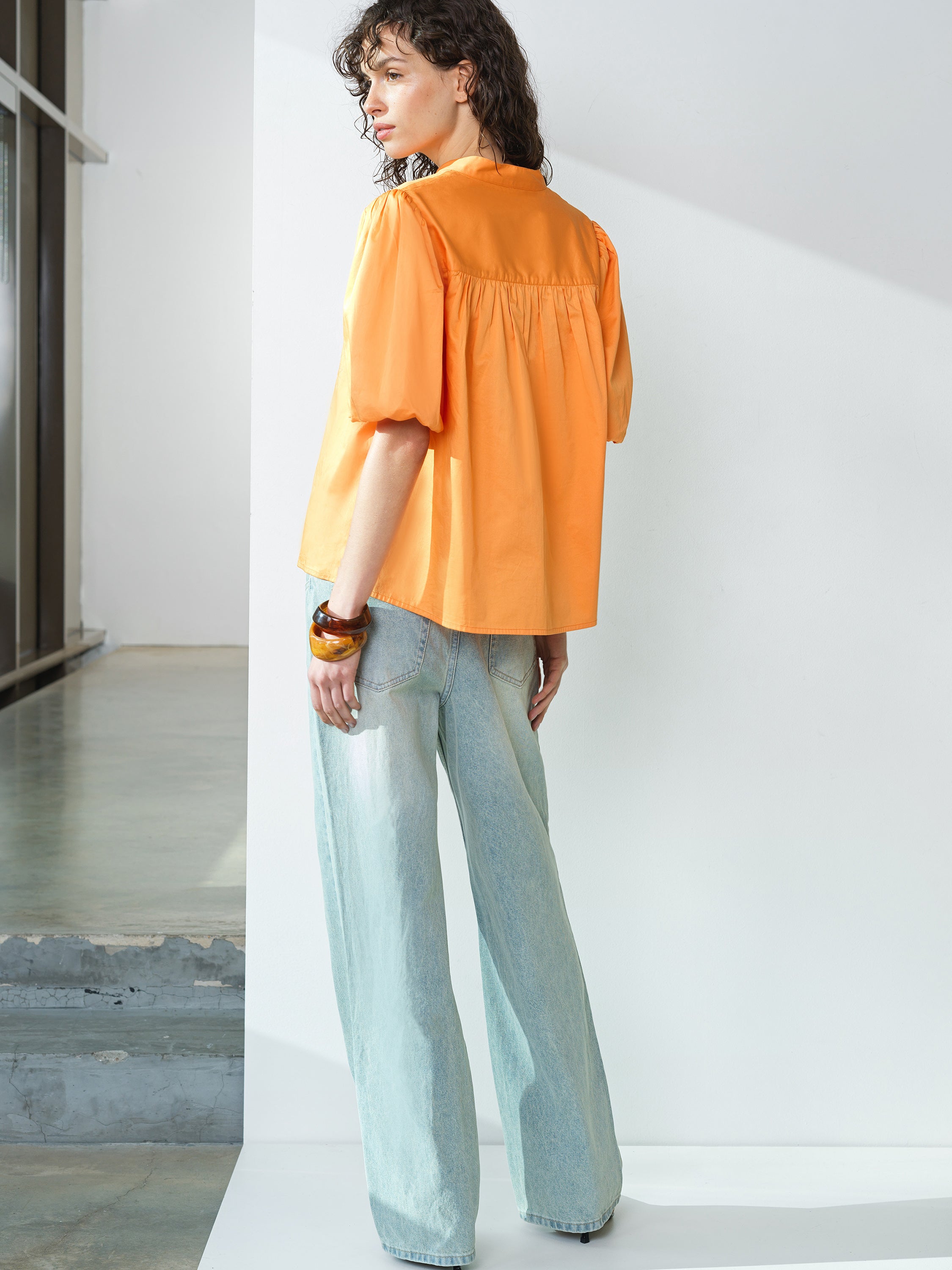 Sindey Cotton Puff Sleeve Orange Popover Shirt