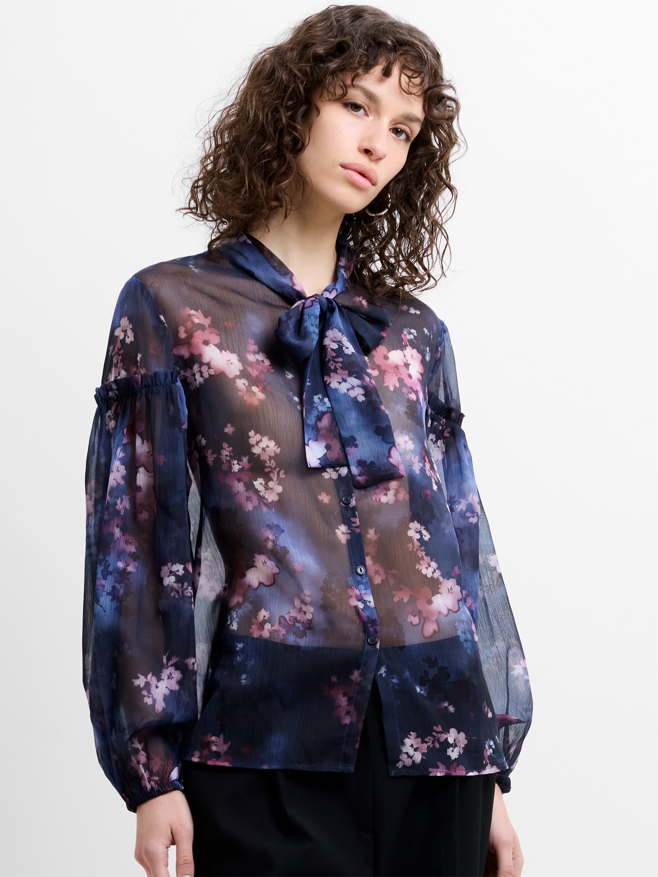 Clara Sheer Bow Tie Floral Print Long Sleeve Shirt