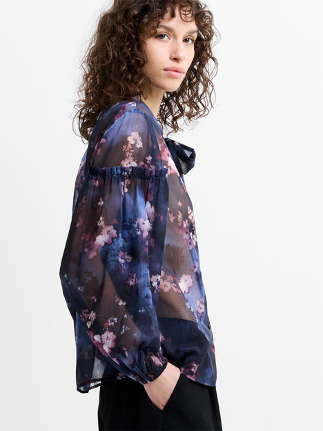 Clara Sheer Bow Tie Floral Print Long Sleeve Shirt