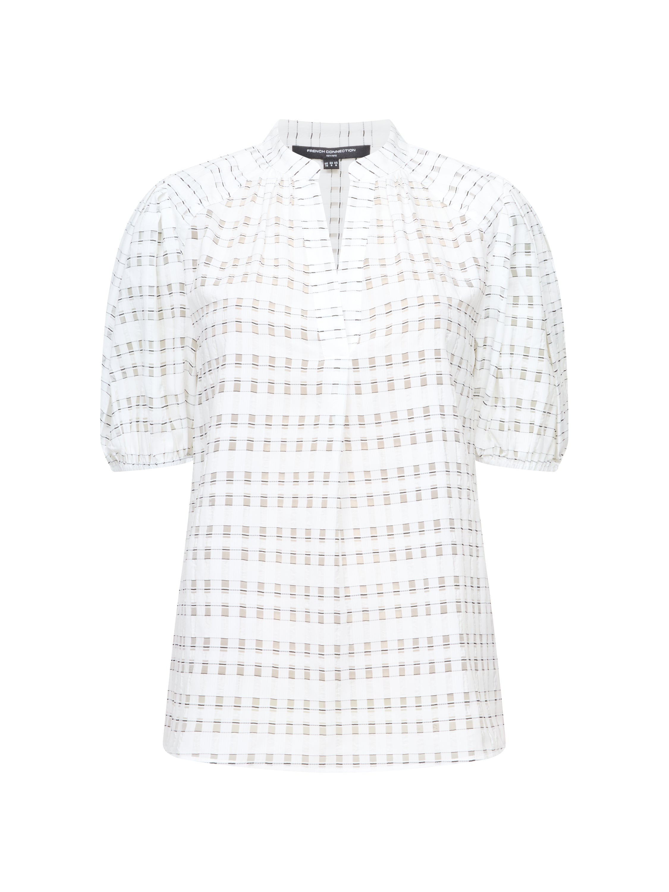 Imme Shadow Check Puff Sleeve White Popover Shirt