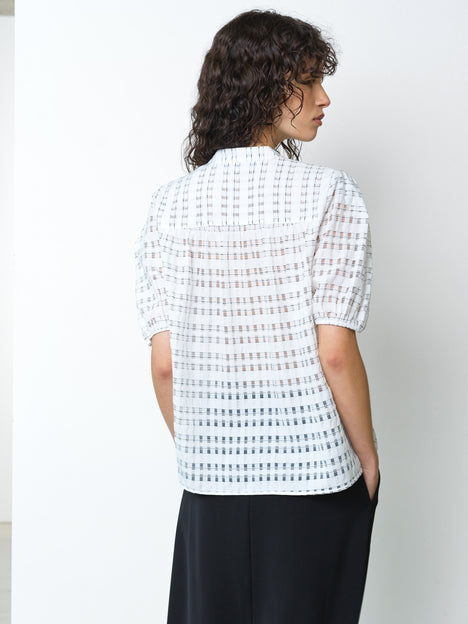 Imme Shadow Check Puff Sleeve White Popover Shirt