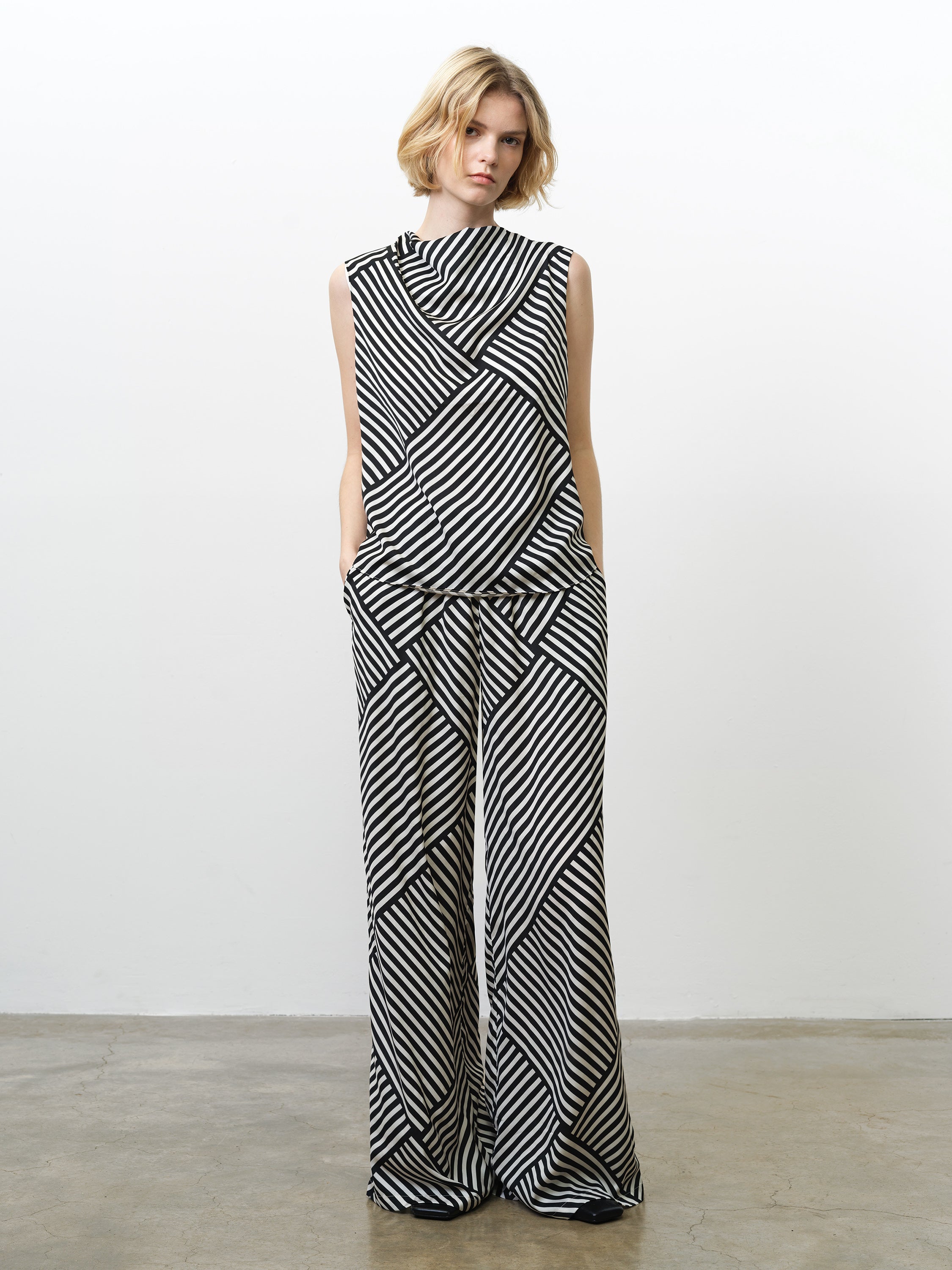 Monochrome Striped Damasco Cowl Neck Tank Top