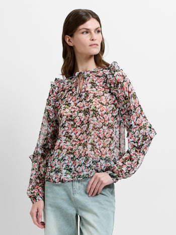 Molly Tie Up Neck Ruffle Sleeve Floral Top