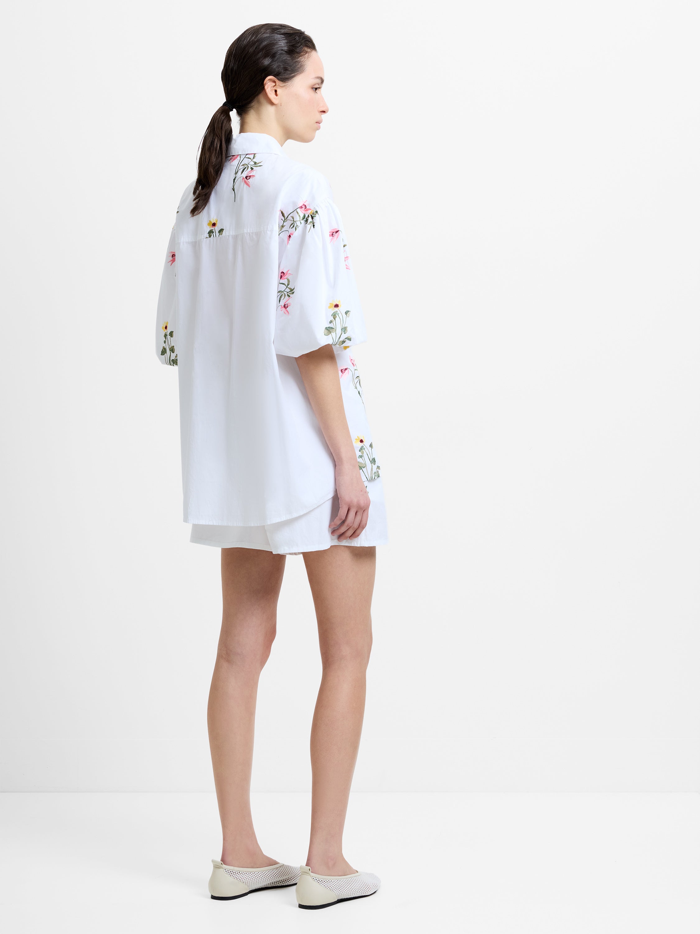 Cotton Floral Embroidered Puff Sleeve White Shirt