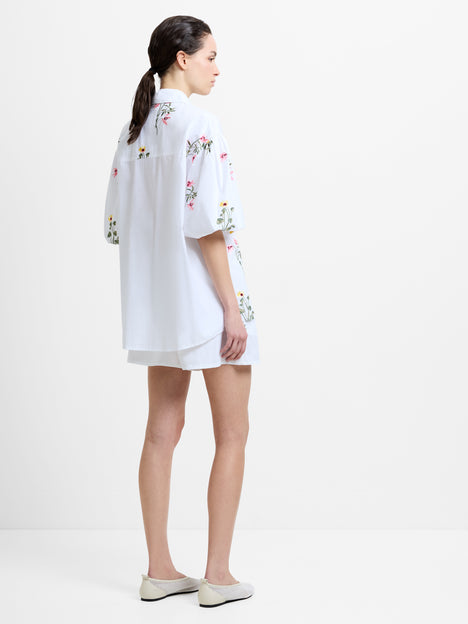 Cotton Floral Embroidered Puff Sleeve White Shirt