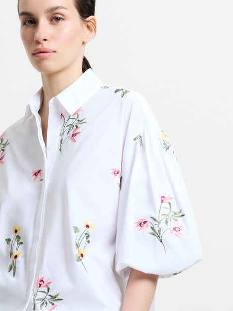Cotton Floral Embroidered Puff Sleeve White Shirt