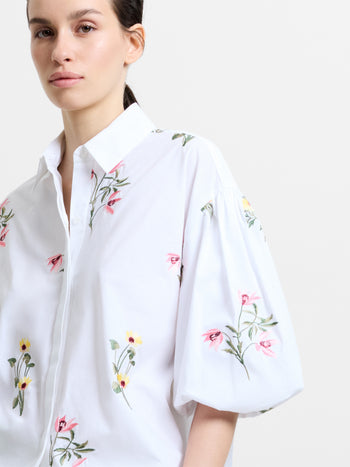 Cotton Floral Embroidered Puff Sleeve White Shirt