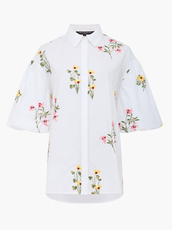 Cotton Floral Embroidered Puff Sleeve White Shirt