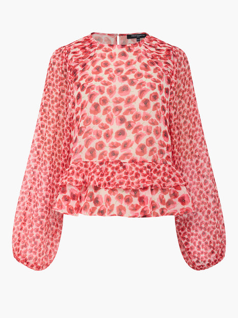 Poppy Semi-Sheer Red Floral Puff Sleeve Peplum Top