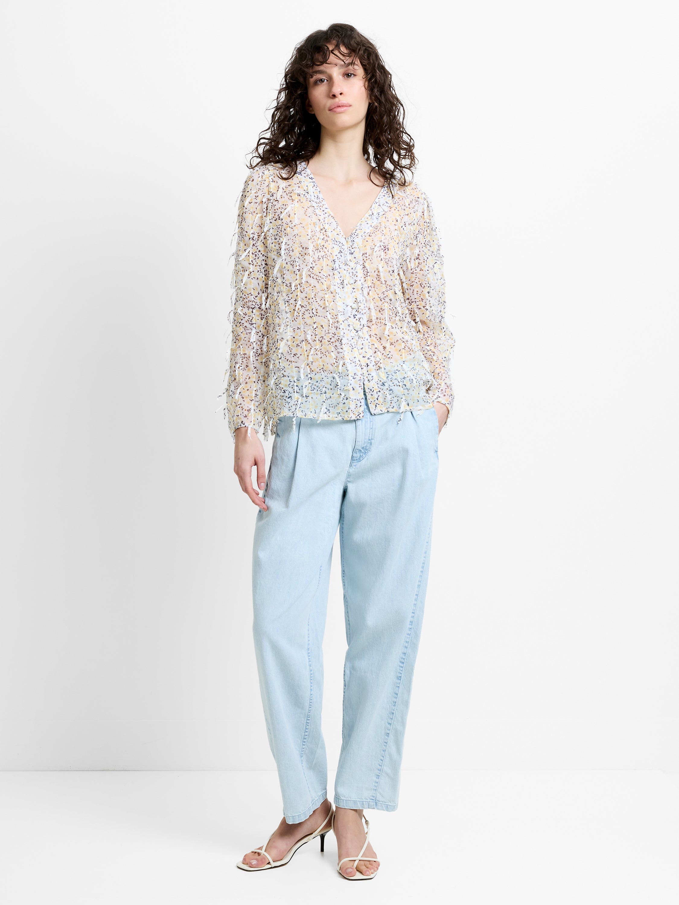 Bonnie Abstract Print Textured V Neck Blouse