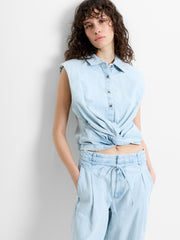 Chess Twist Cropped Light Blue Denim Shirt