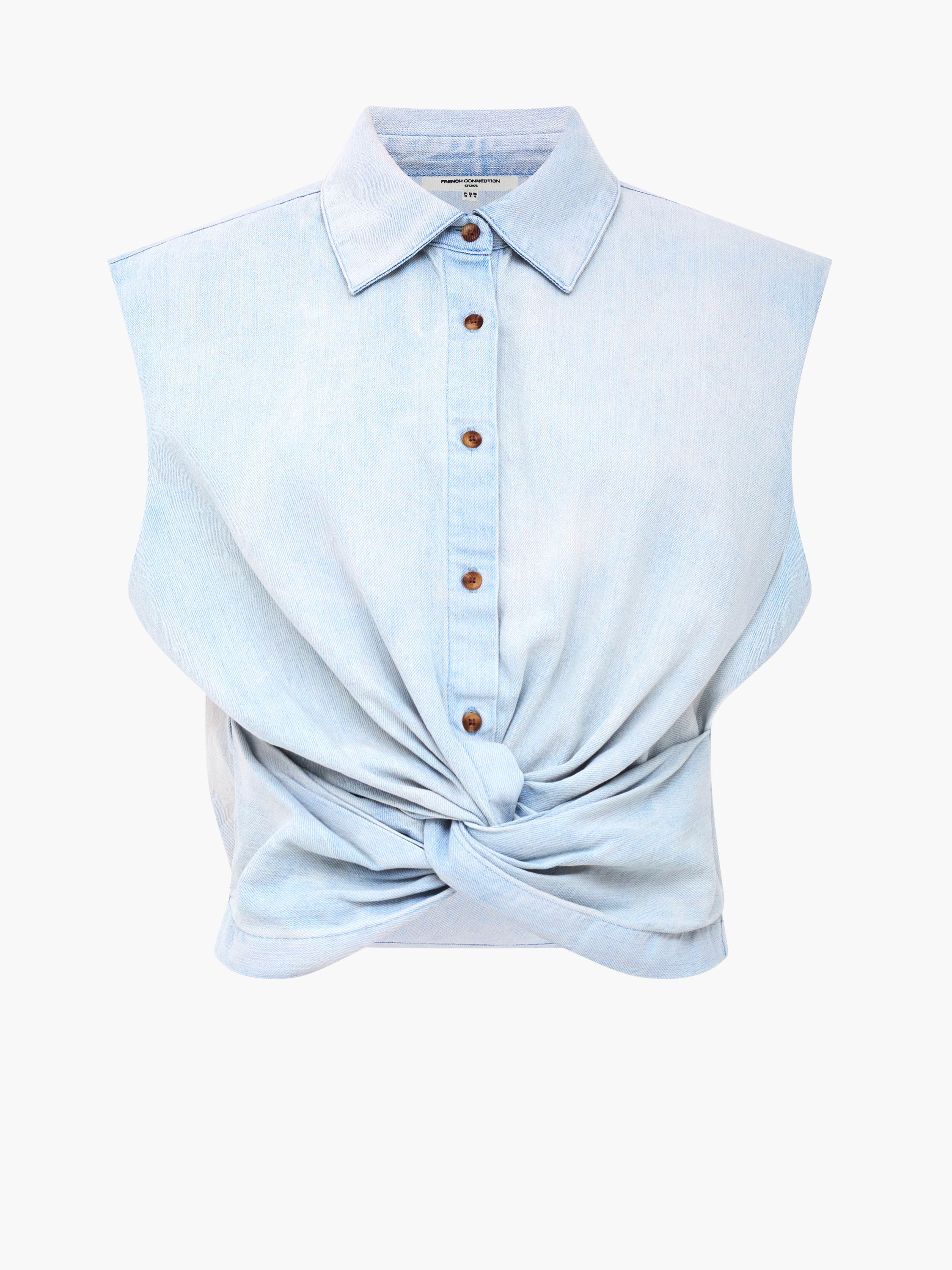 Chess Twist Cropped Light Blue Denim Shirt