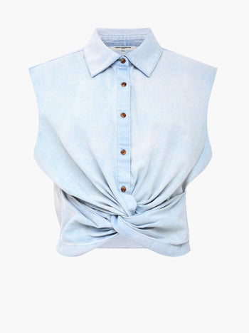 Chess Twist Cropped Light Blue Denim Shirt
