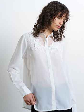 Mila 3D Floral Faux Pearl Long Sleeve White Shirt