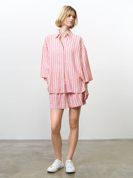 Cheryl Linen Blend Striped Long Sleeve Pink Shirt