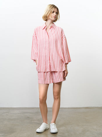 Cheryl Linen Blend Striped Long Sleeve Pink Shirt