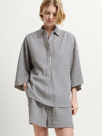 Lia Seersucker Monochrome Striped Relaxed Shirt
