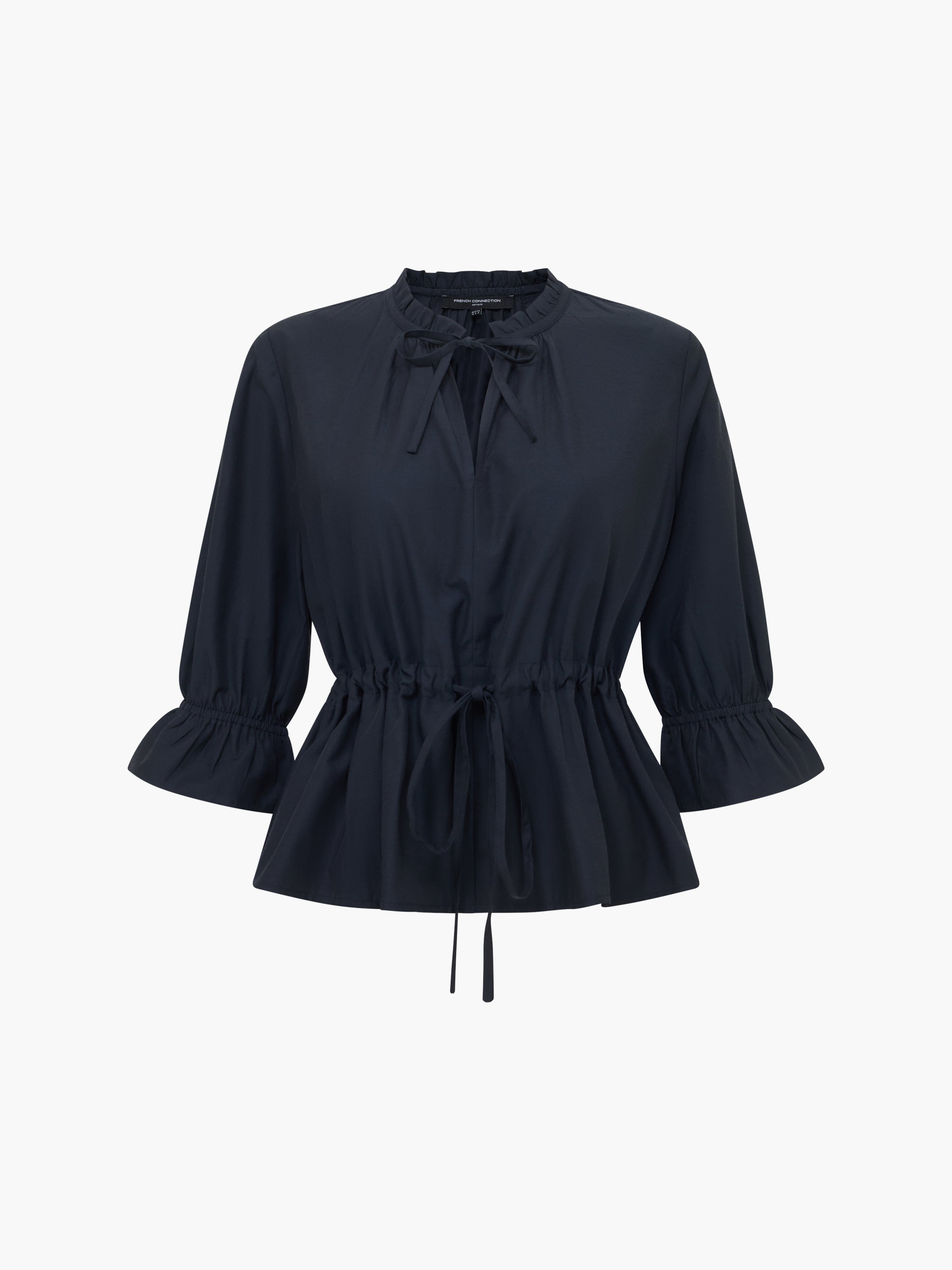Era Poplin Ruffle Collar Drawstring Waist Navy Top