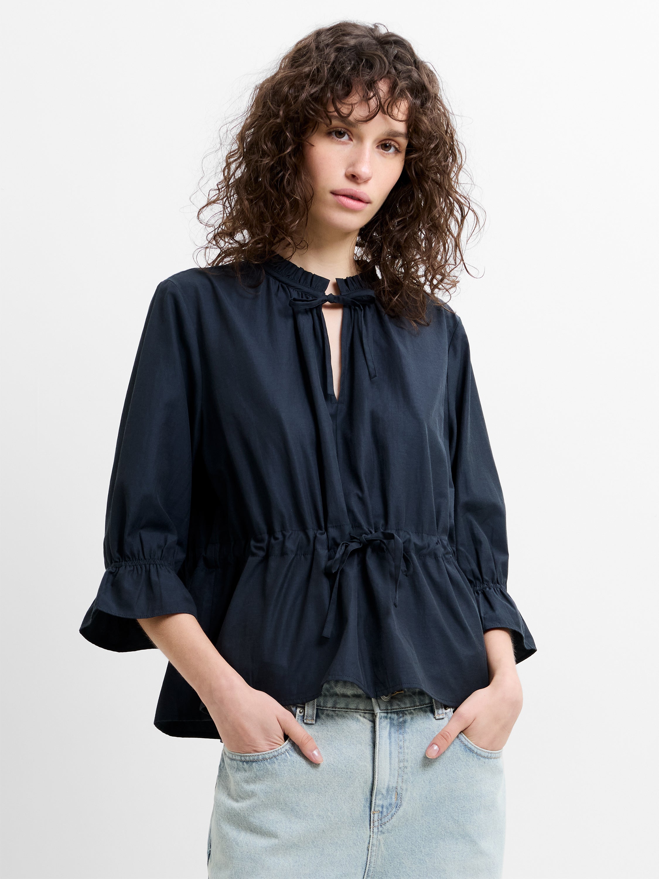 Era Poplin Ruffle Collar Drawstring Waist Navy Top