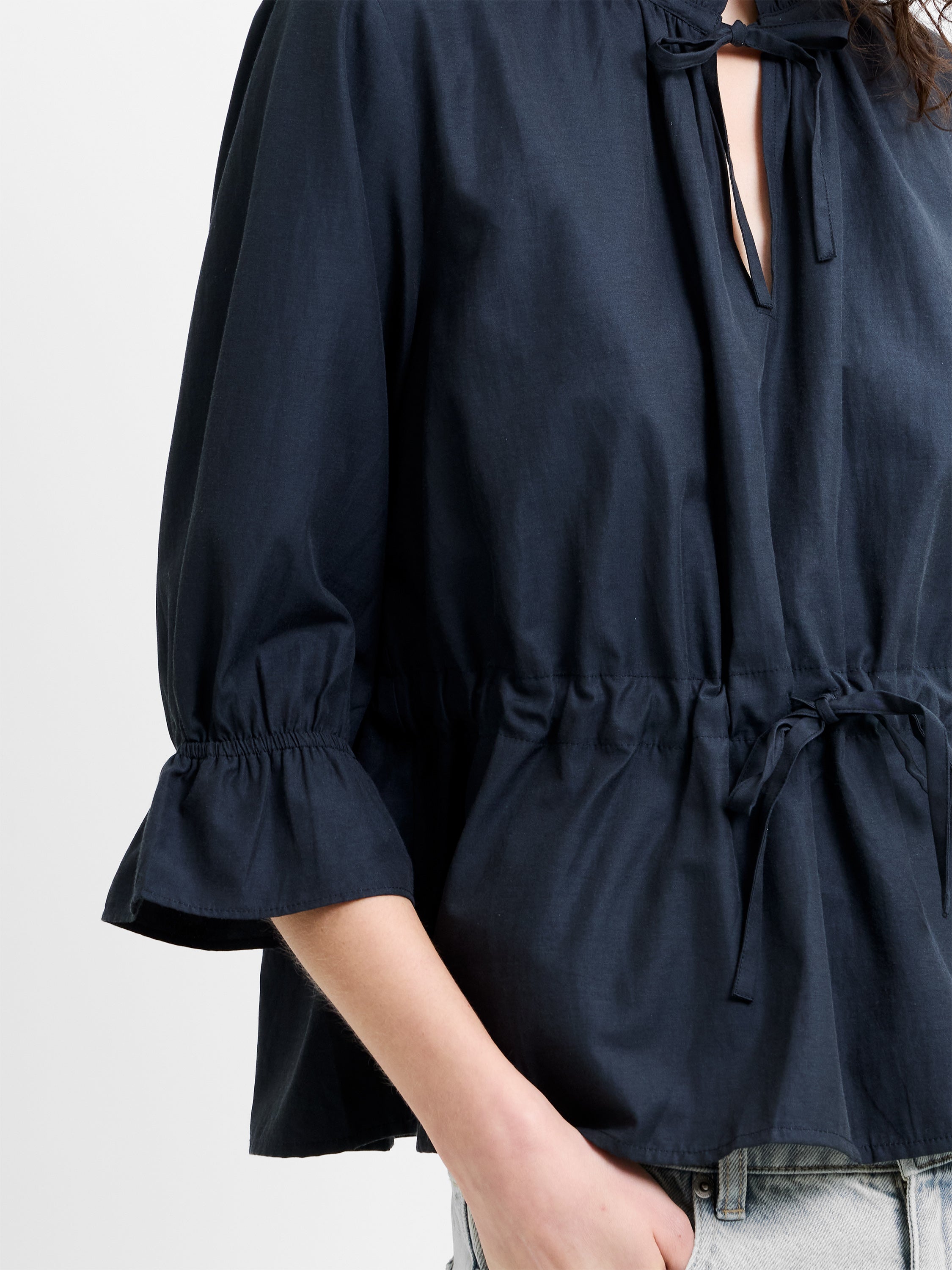 Era Poplin Ruffle Collar Drawstring Waist Navy Top