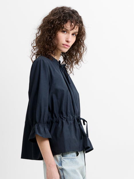 Era Poplin Ruffle Collar Drawstring Waist Navy Top