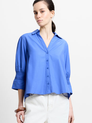 Era Poplin Tie Back V Neck Blue Top