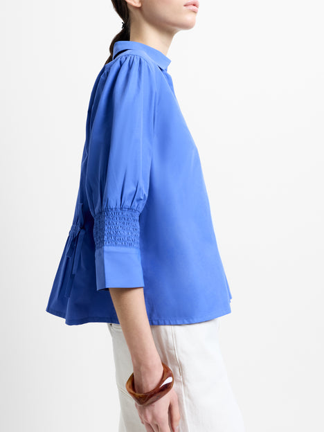 Era Poplin Tie Back V Neck Blue Top