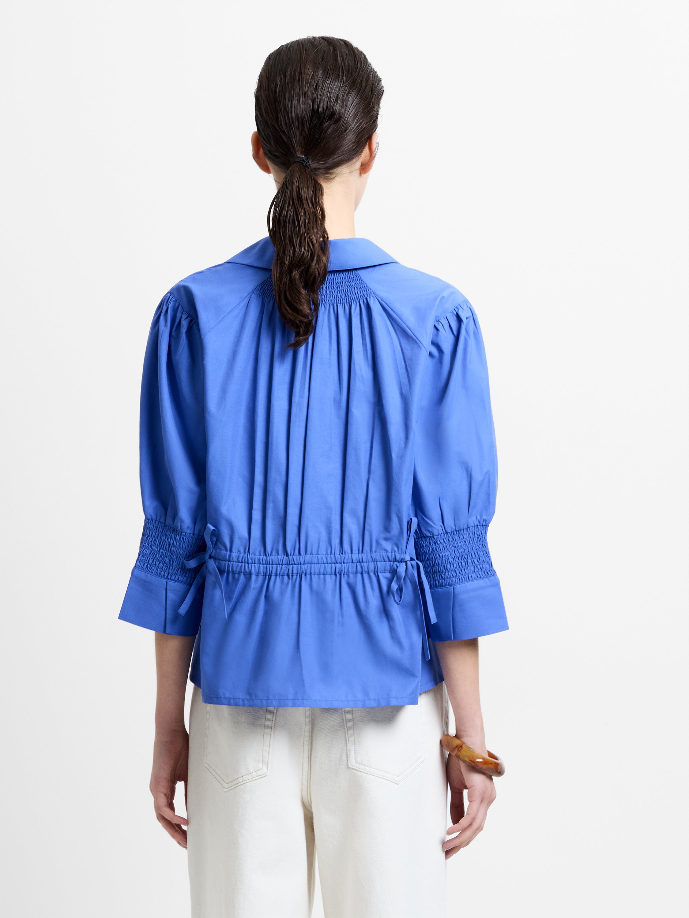 Era Poplin Tie Back V Neck Blue Top