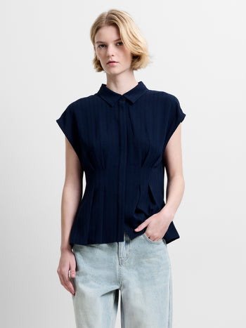 Codie Pleated Button Down Navy Peplum Top