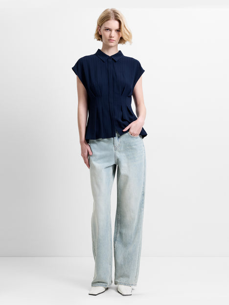 Codie Pleated Button Down Navy Peplum Top