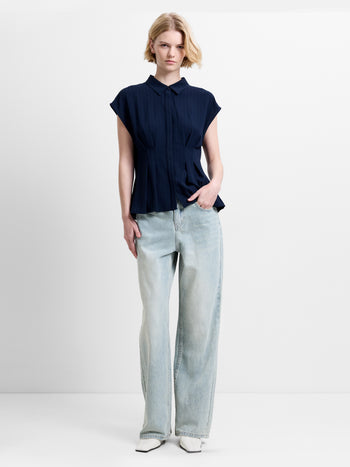 Codie Pleated Button Down Navy Peplum Top