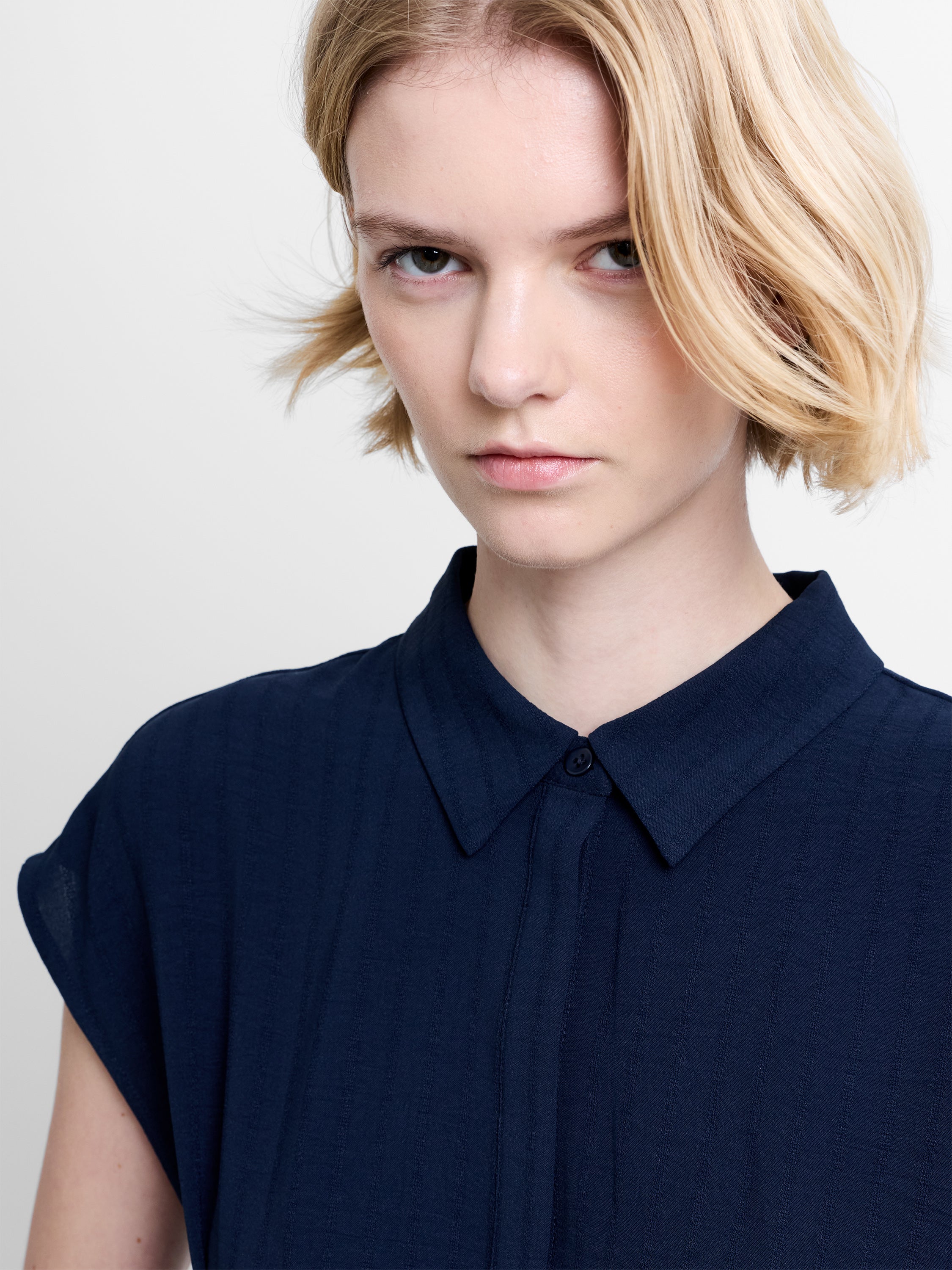 Codie Pleated Button Down Navy Peplum Top