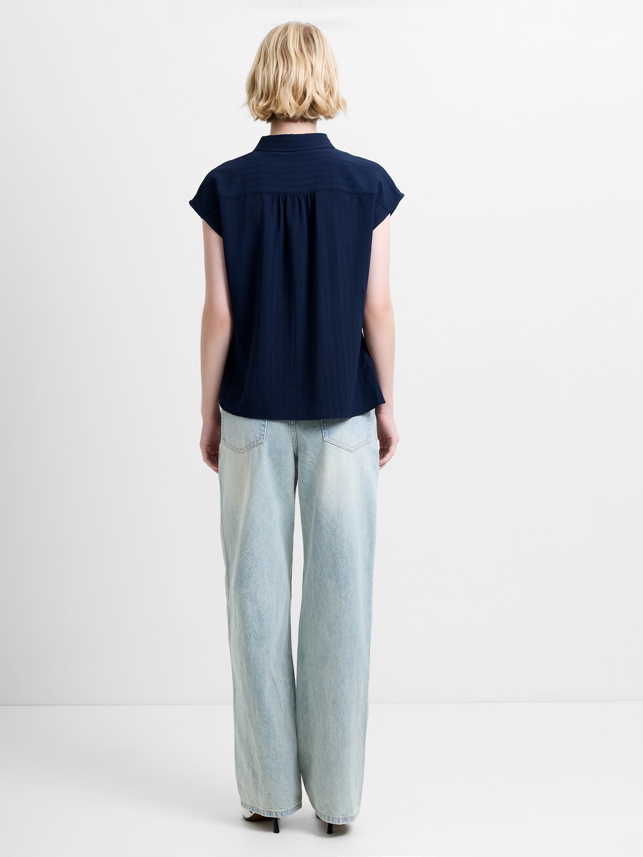 Codie Pleated Button Down Navy Peplum Top