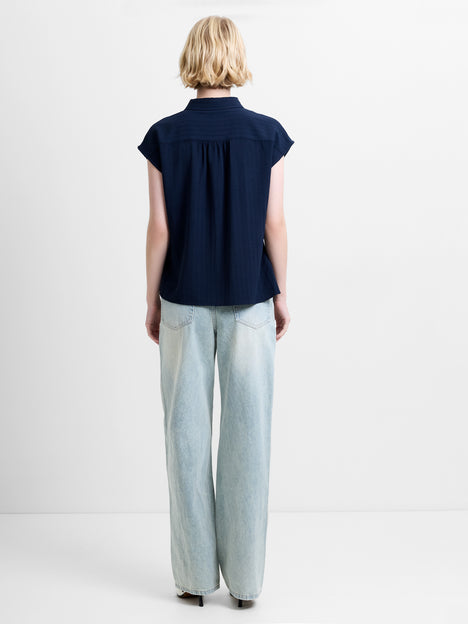 Codie Pleated Button Down Navy Peplum Top