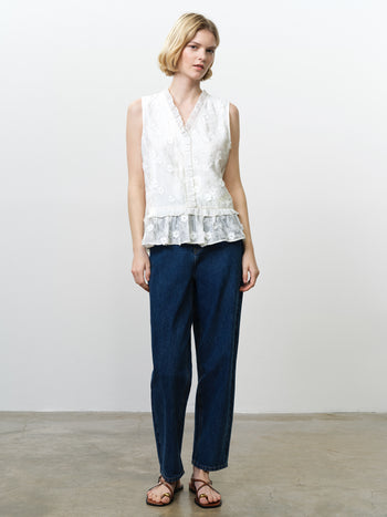 Vani Floral Embroidered Ruffle White Peplum Top