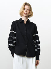 Cambria Cotton Black and White Ric Rac Long Sleeve Shirt