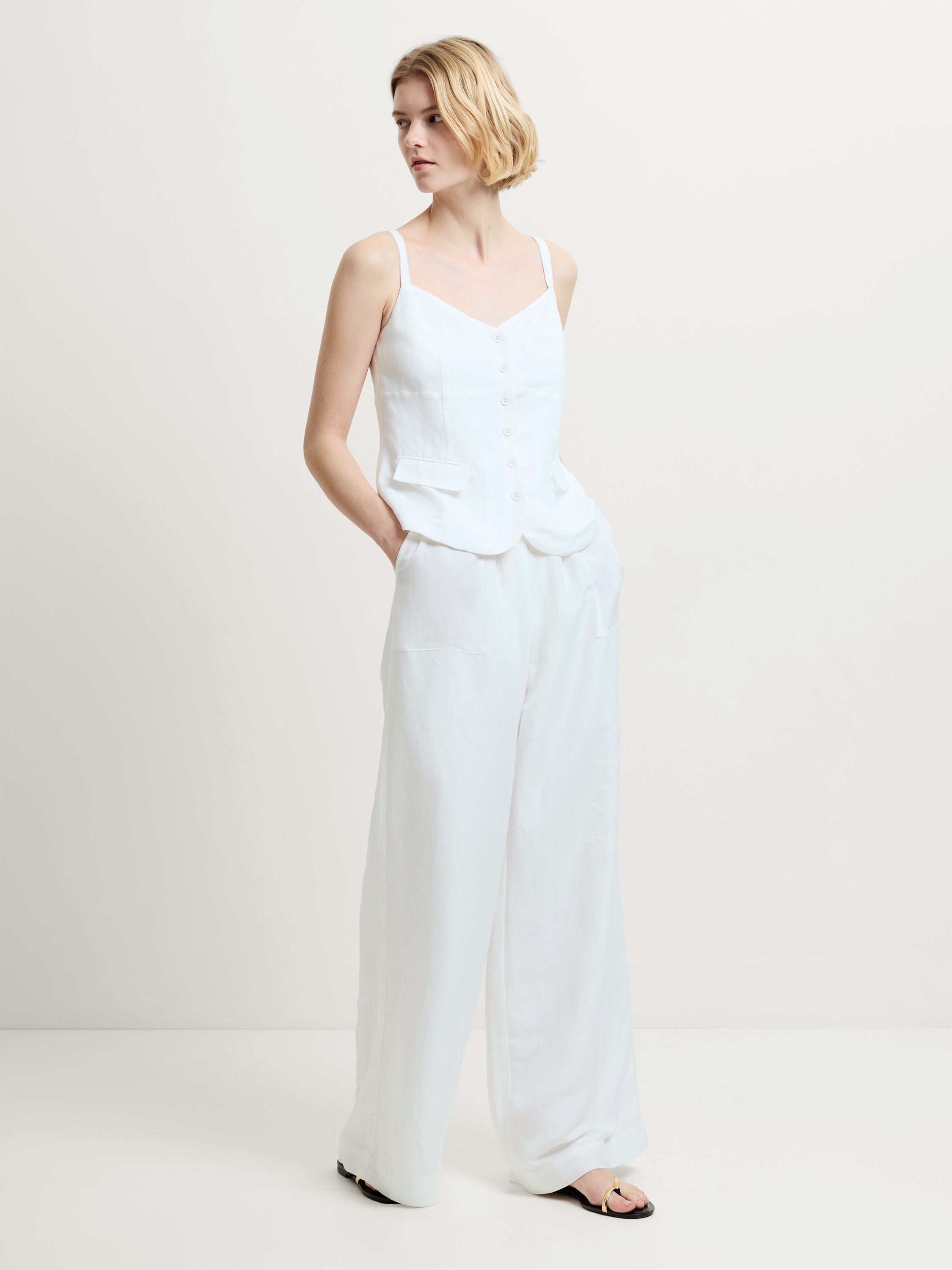 Cooper Linen Tailored Button Front White Cami Top