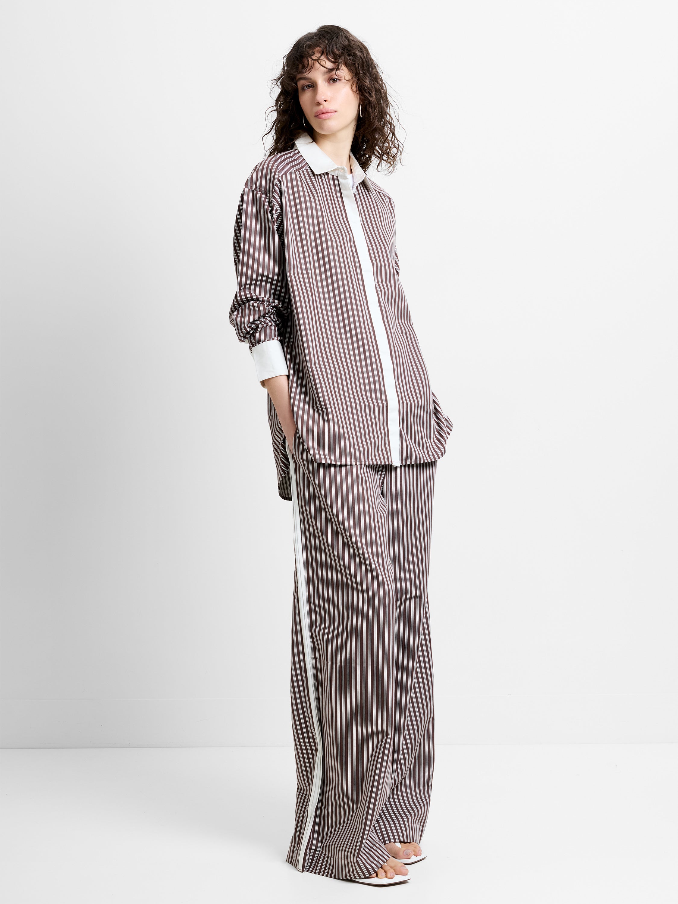 Alexis Poplin Brown Striped Button Down Relaxed Shirt