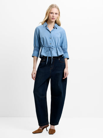 Zaves Chambray Denim Blue Drawstring Waist Top