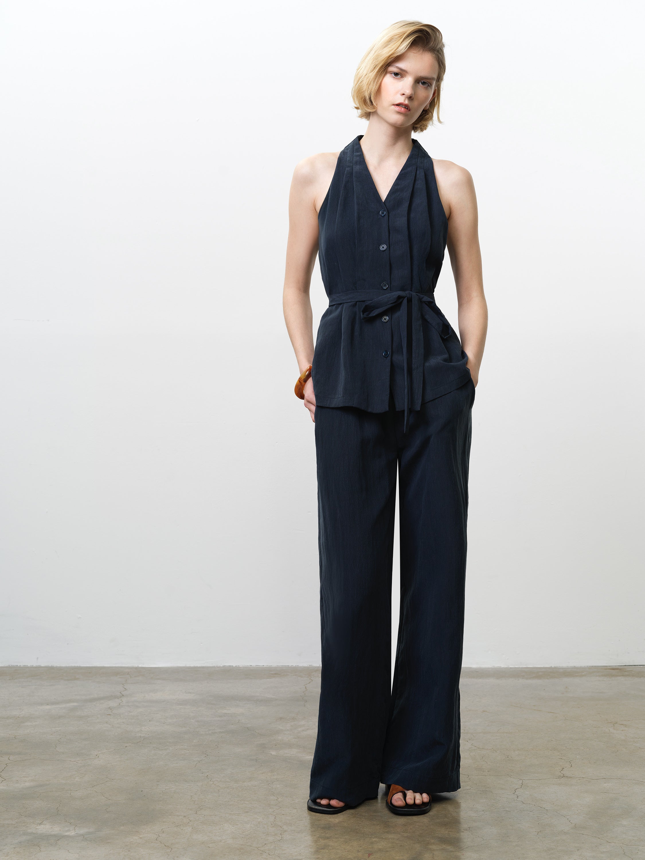 Melina Navy Belted Halterneck Top