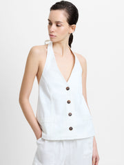 Keller Cotton Twill Button-Down White Halterneck Top
