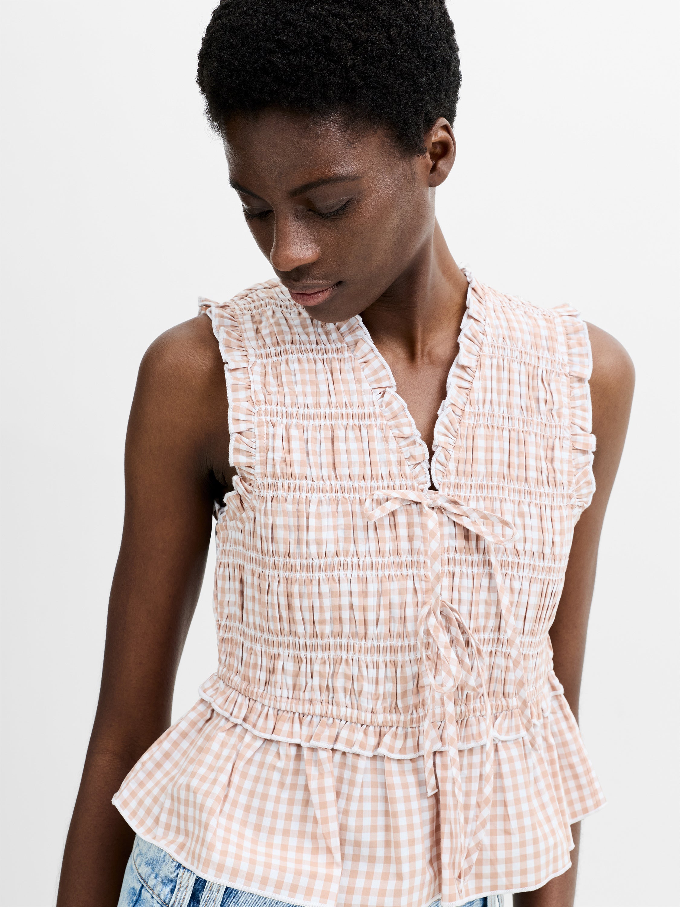 Rhodes Poplin Gingham Smocked Tie Up Peplum Top