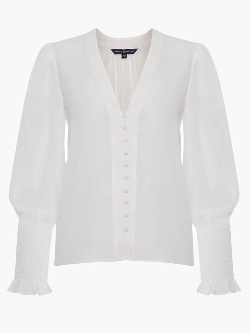Crepe V-Neck Smocked Sleeve Blouse