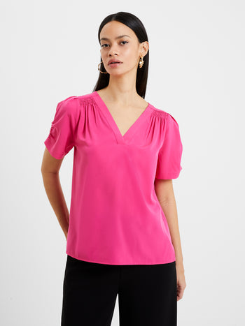 Crepe Recycled V Neck Smocked Top