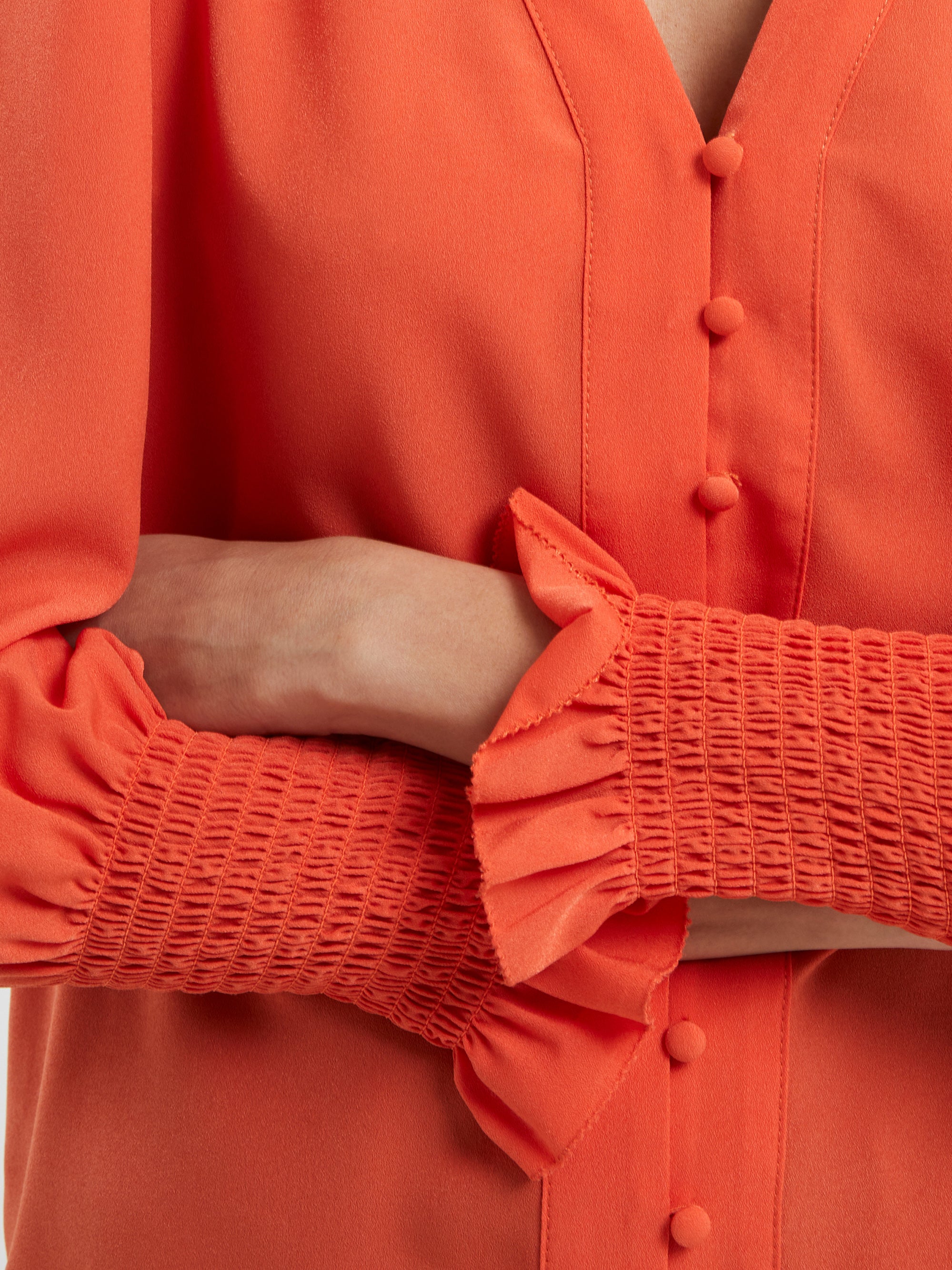 Crepe V-Neck Smocked Sleeve Blouse