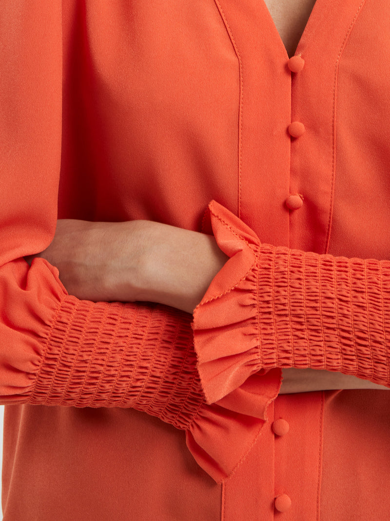Crepe V-Neck Smocked Sleeve Blouse