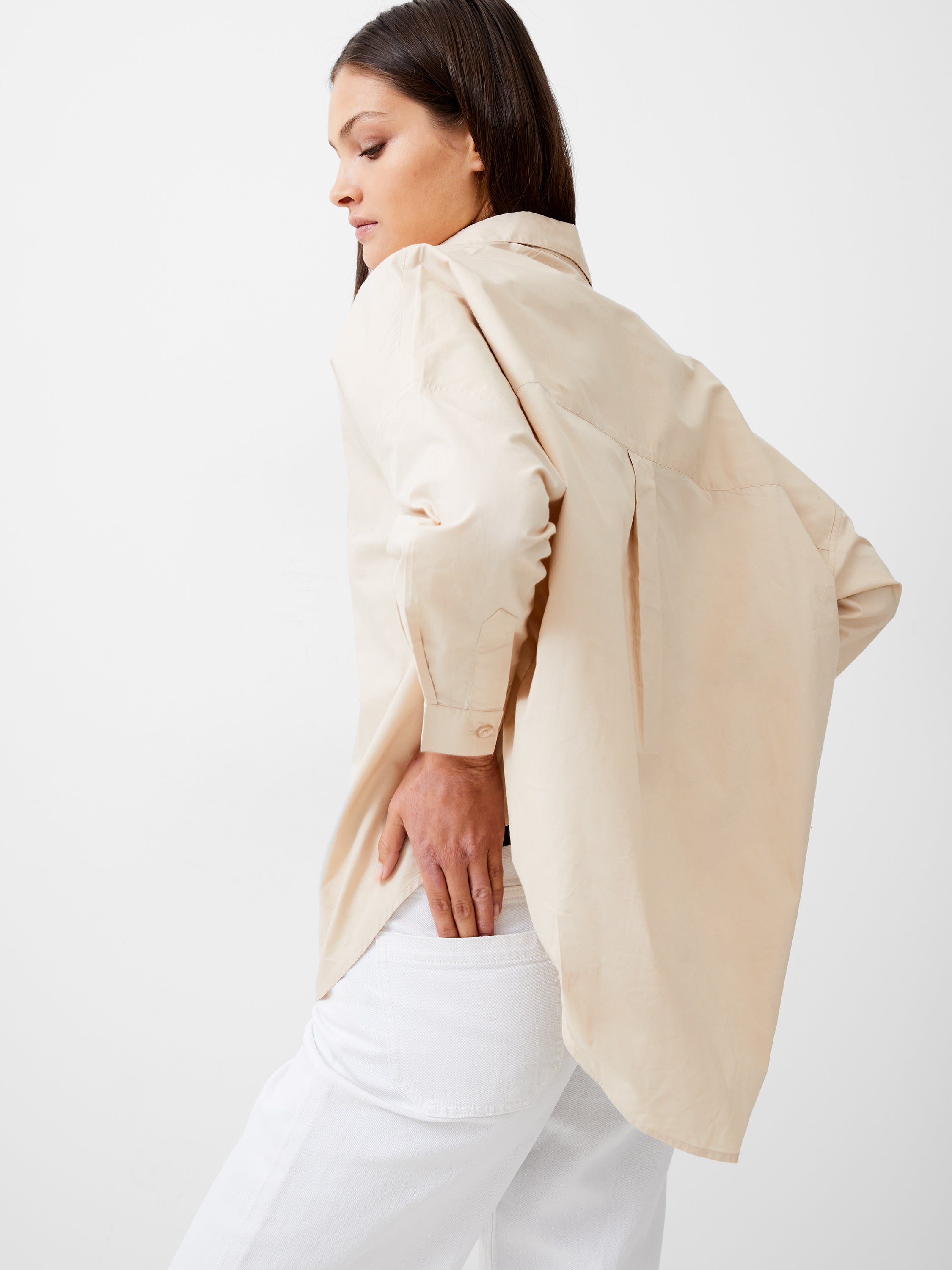 Long Sleeve Vee Collar Poplin Popover Shirt